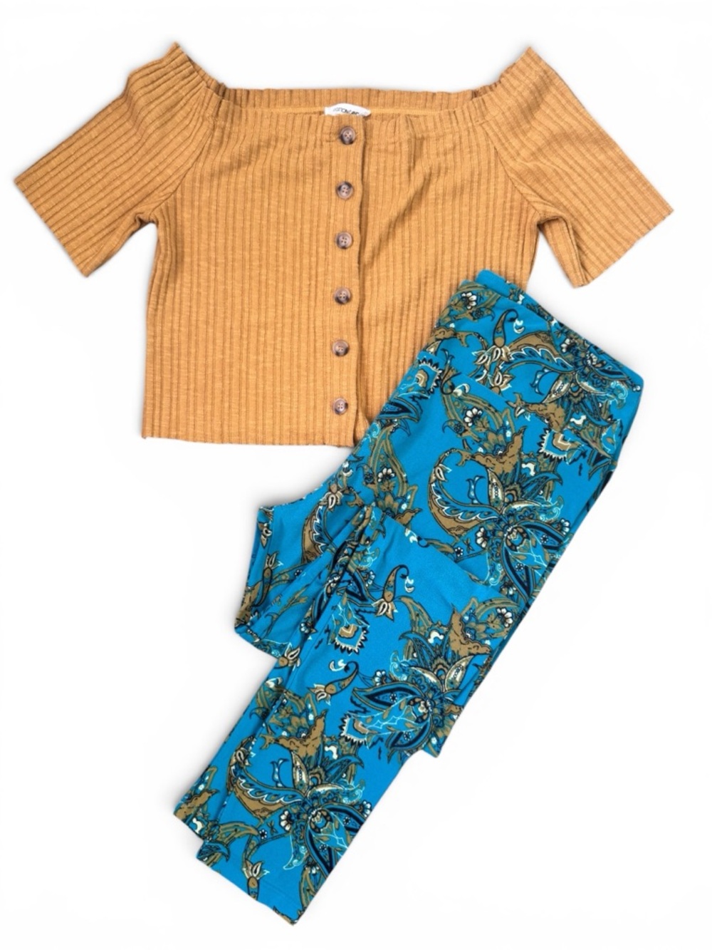 Bundle🛍️ Cotton Candy Off Shoulder Crop Top Mustard LuLaRoe Paisley Leggings L
